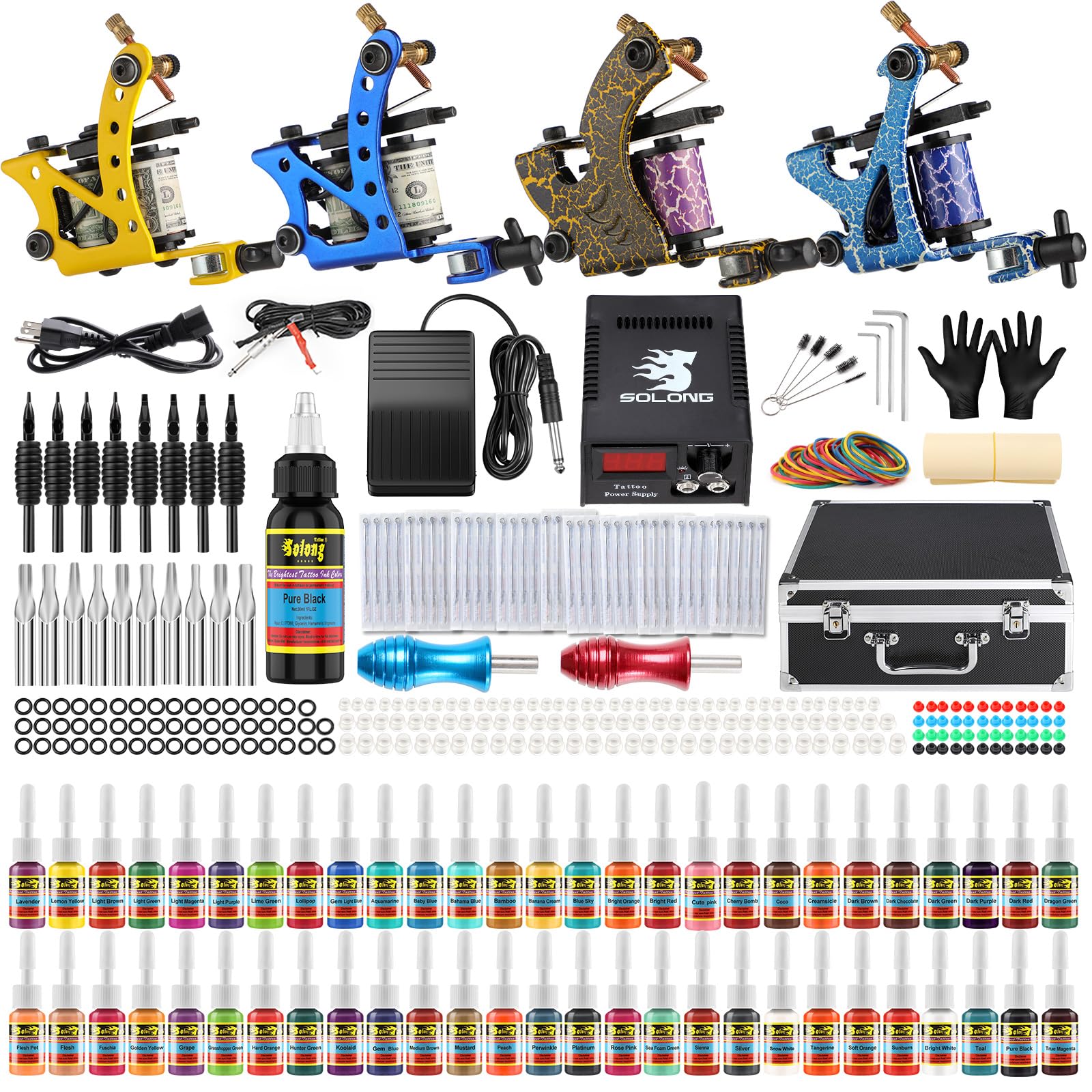 Amazon.com: Solong Complete Tattoo Kit 4 Pro Machine Guns 54 Inks